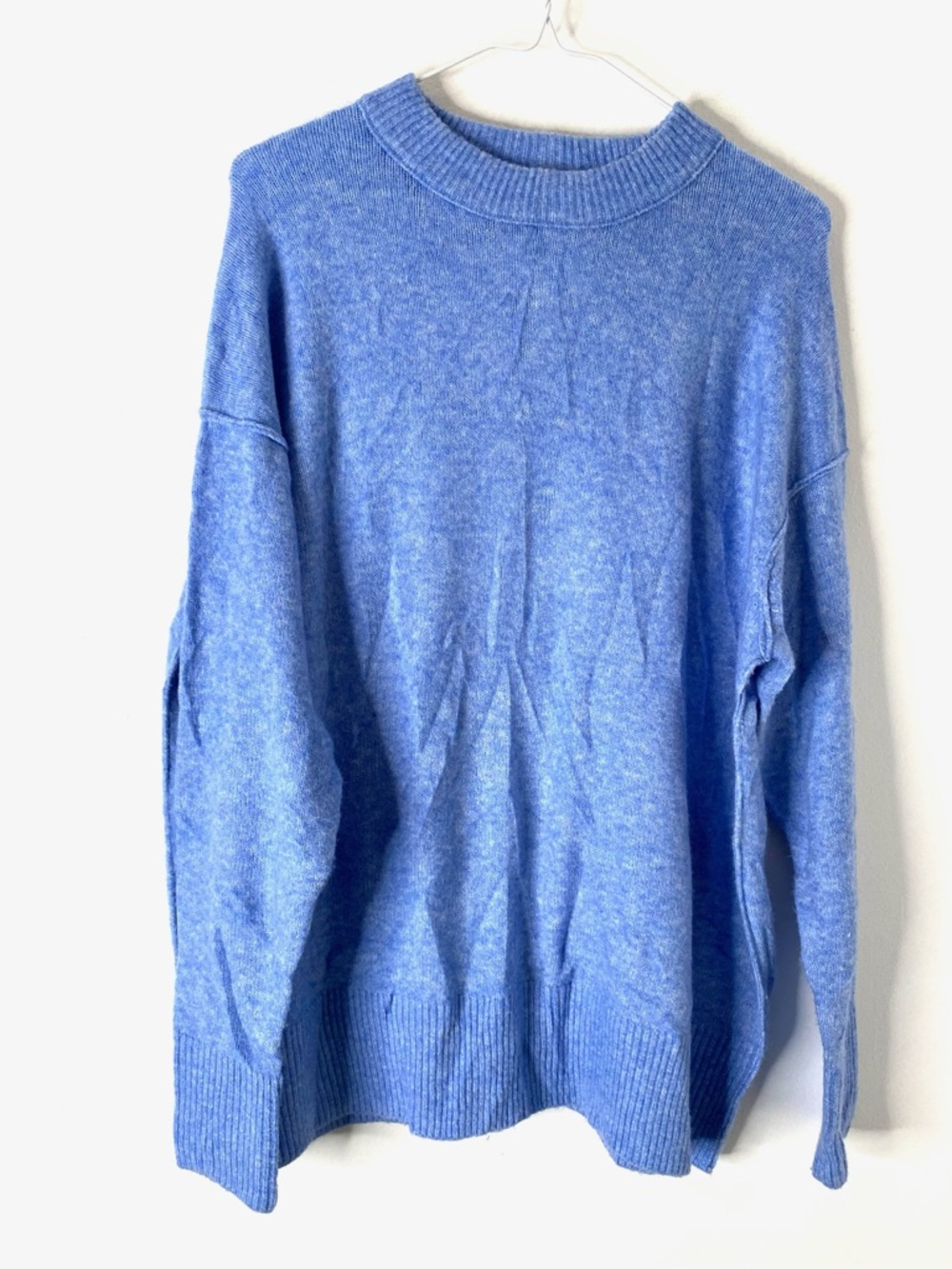 aerie Oversized Plush Knit Ribbed Mock Neck Sweater Cornflower Blue Cozy
